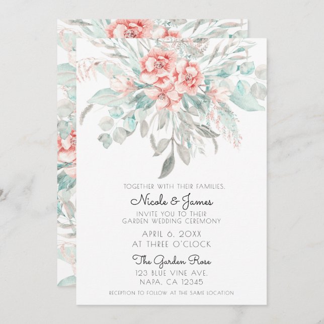 Soft Spring Summer Floral Greenery Elegant Wedding Invitation (Front/Back)