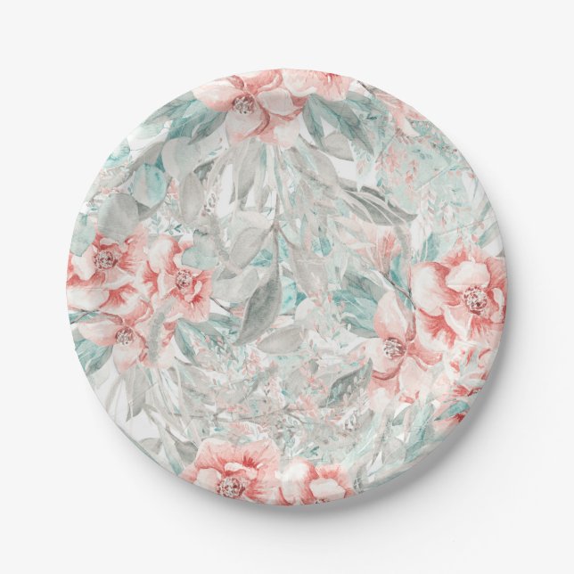 Soft Spring Summer Floral Greenery Elegant Wedding Paper Plates (Front)
