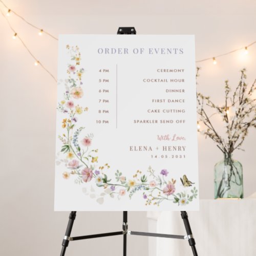 Soft Spring Wildflowers Wedding Order of Events Foam Board