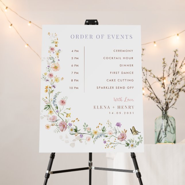 Soft Spring Wildflowers Wedding Order of Events Foam Board (In Situ (Stand))