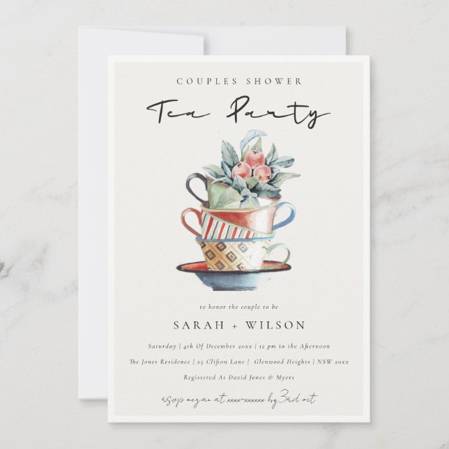 Soft Stacked Cups Couples Shower Tea Party Invite (Front)