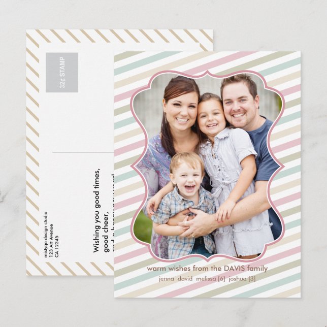 Soft Stripes Holiday Photo Postcard (Front/Back)