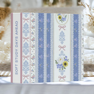 Soft Study Vintage Pastel Blue Pink Floral Bow 3 Ring Binder