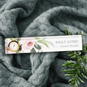 SOFT SUBTLE COLOR WASH BLUSH PINK FLORAL BUNCH DESK NAME PLATE