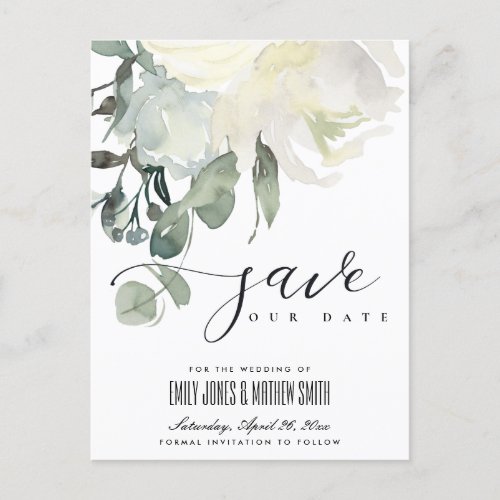 SOFT SUBTLE IVORY WHITE FLORAL BUNCH SAVE THE DATE ANNOUNCEMENT POSTCARD