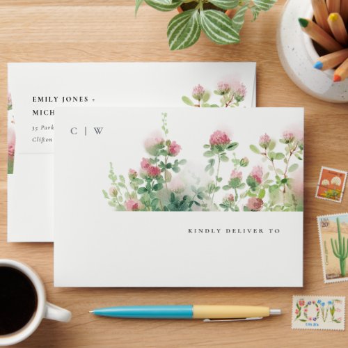 Soft Subtle Pink Watercolor Floral Garden Address Envelope