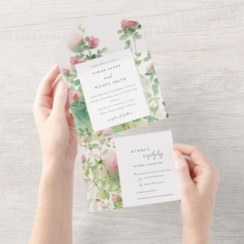 Soft Subtle Pink Watercolor Floral Garden Wedding All In One Invitation