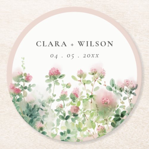 Soft Subtle Pink Watercolor Floral Garden Wedding Round Paper Coaster