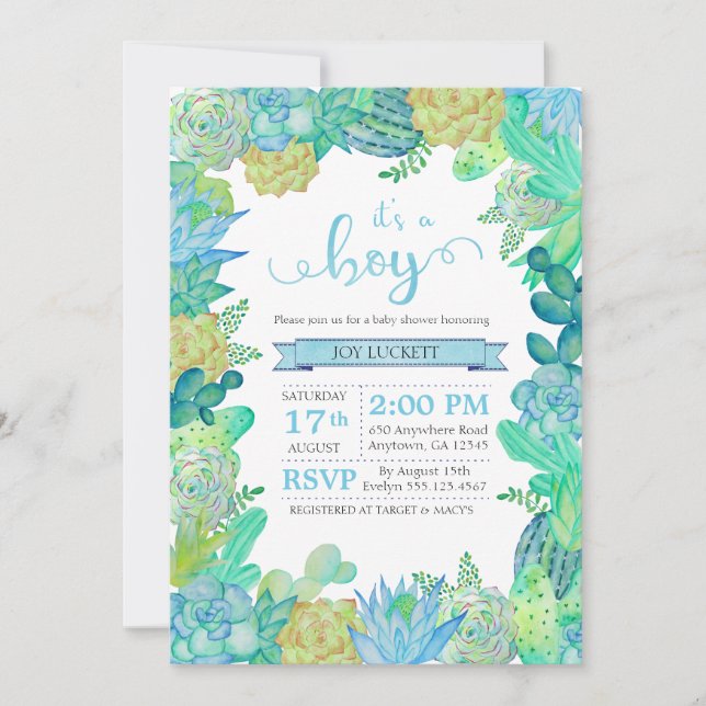 Soft Succulent & Cacti Boy Baby Shower Invite (Front)