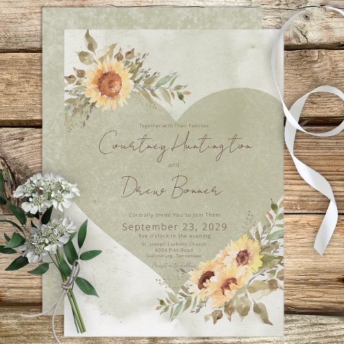 Soft Sunflowers Boho Heart Wedding Invitation