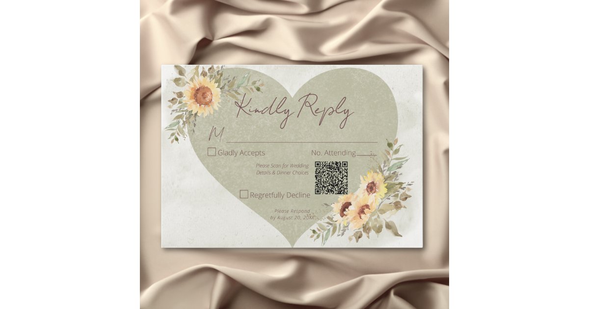 Soft Sunflowers Boho Heart Wedding QR Code RSVP Card | Zazzle