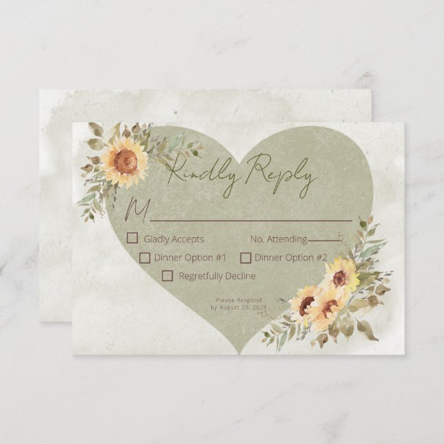 Soft Sunflowers Boho Heart Wedding  RSVP Card (Front/Back)