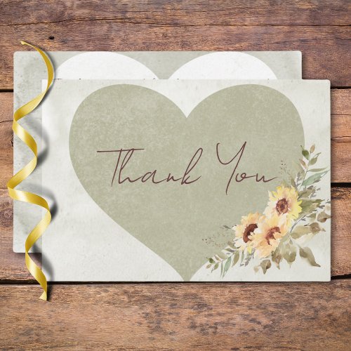 Soft Sunflowers Boho Heart Wedding Thank You Card