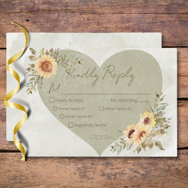 Soft Sunflowers Boho Heart Wedding Three Dinner RSVP Card (Soft Sunflowers Boho Heart Wedding Three Dinner RSVP Card)