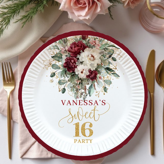 Soft Sweet 16 Blush Burgundy Eucalyptus Plates (Soft Sweet 16 Blush Burgundy Eucalyptus Plates)
