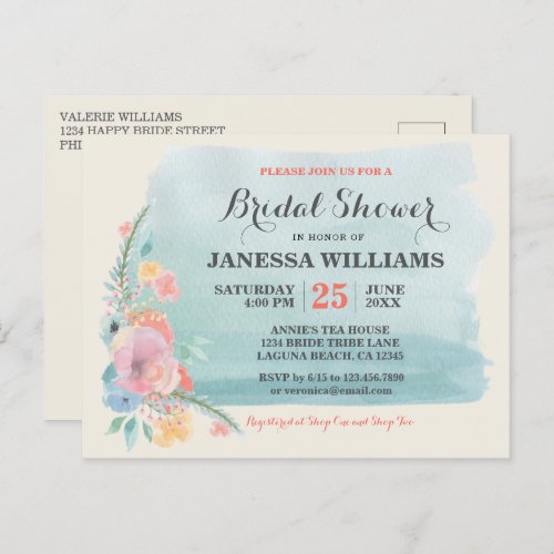 Soft  Sweet Teal Pink Boho Floral Bridal Shower I Postcard