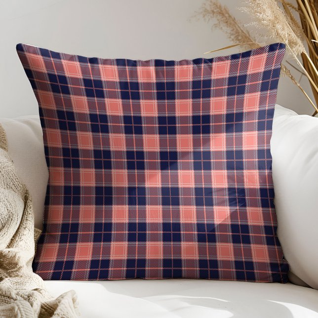 Soft Tartan Pillow Coral Navy Gift for Girls (Coral Navy Accent Pillow Gift for Her Décor)