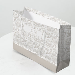 Soft Taupe Chinoiserie Peonies Monogram Large Gift Bag