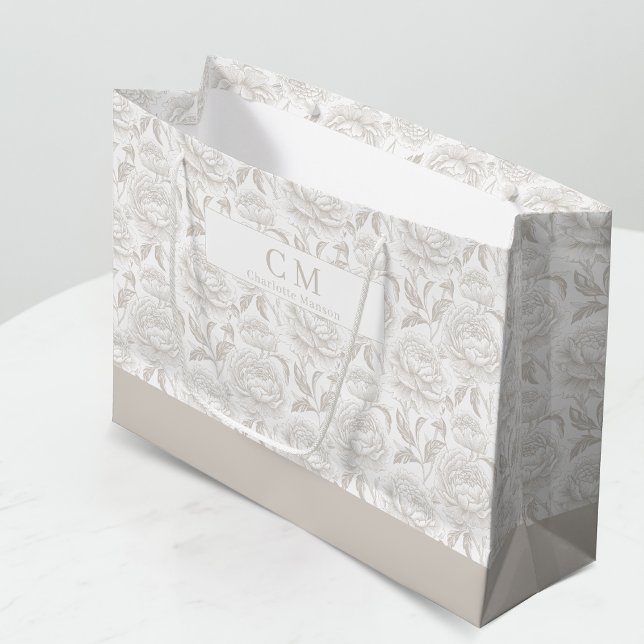 Soft Taupe Chinoiserie Peonies Monogram Large Gift Bag (Creator Uploaded)