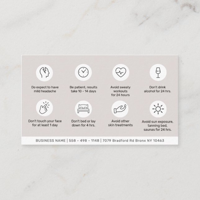 Soft Taupe Minimal Botox Aftercare Guide Business Card (Back)