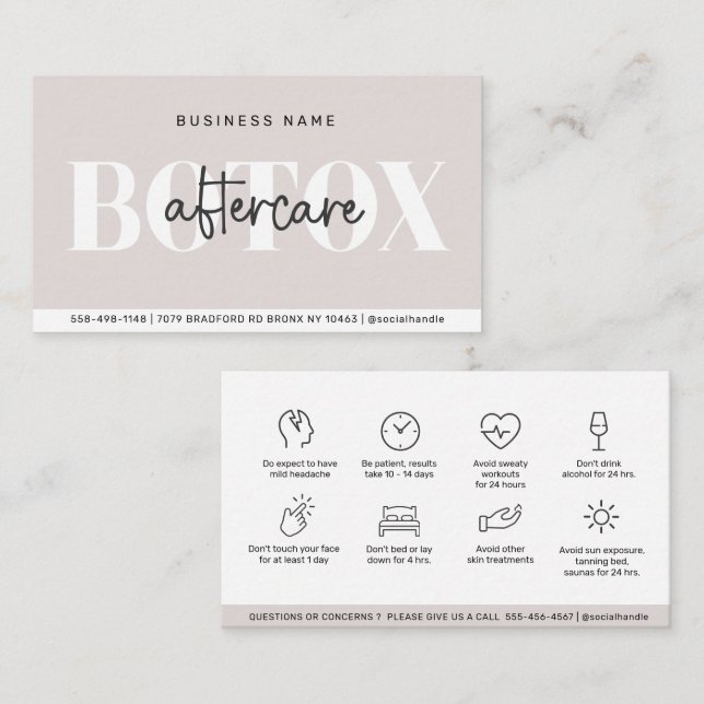 Soft Taupe Modern Botox Aftercare Guide Business Card (Front/Back)