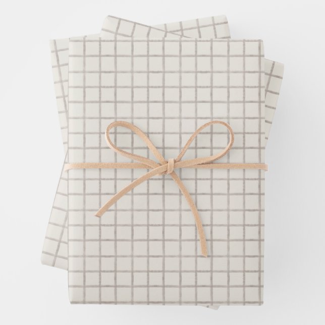 Soft Taupe Watercolor Windowpane Check Pattern Wrapping Paper Sheets (In situ)
