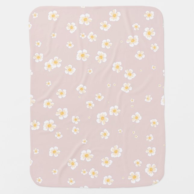 Soft Taupe White Daisies Baby Blanket (Front)