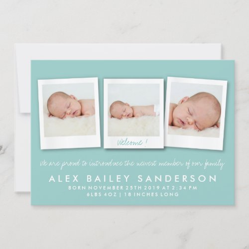 Soft Teal Birth Announcement with Three Photos