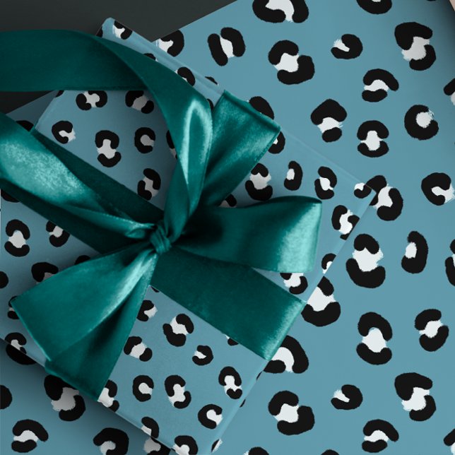 Soft Teal, Black and White Leopard Print Pattern Wrapping Paper Sheets (Creator Uploaded)