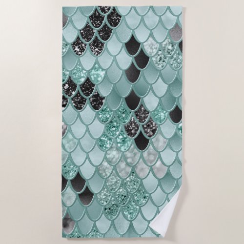 Soft Teal Black Mermaid Scales Glam 1  Beach Towel