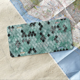 Soft Teal Black Mermaid Scales Glam #1 License Plate
