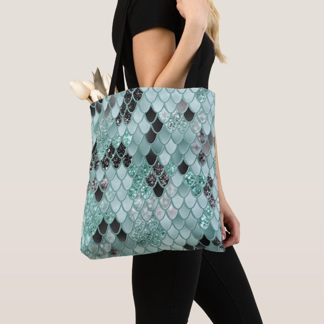 Soft Teal Black Mermaid Scales Glam #1  Tote Bag (Close Up)
