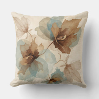 Soft Teal Blue Brown Tan Rustic Watercolor Floral Throw Pillow