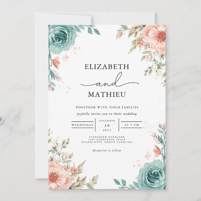 Soft Teal Blush Floral Arch Wedding Invitation (Front)