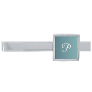 Soft Teal Design- Monnogram P Silver Finish Tie Bar