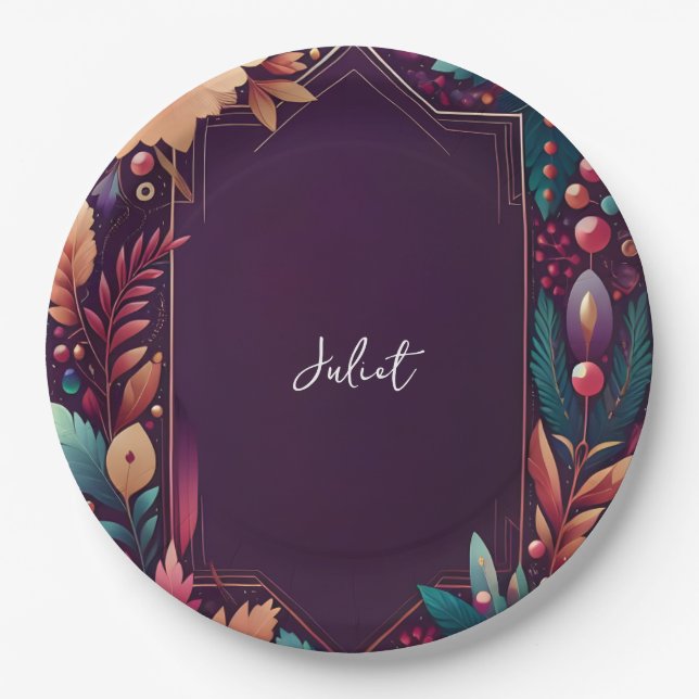 Soft Teal Fall Bold Jewel Tone Bridal Shower Paper Plates (Front)