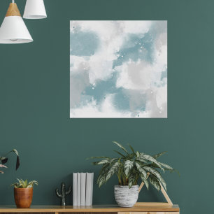 Soft Teal Gray & White Abstract Brushstrokes Poster