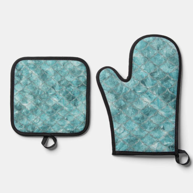 Soft Teal Mermaid Print Oven Mitt & Pot Holder Set (Front)