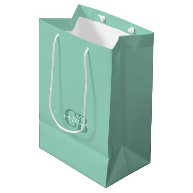 Soft Teal Monogram Gift Bag (Front Angled)