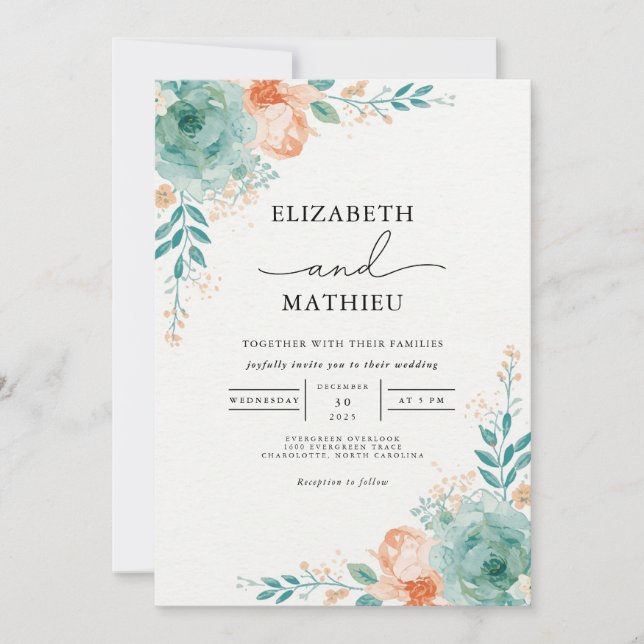 Soft Teal Peach Botanical Arch Wedding Invitation (Front)