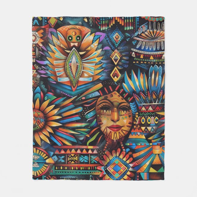 Soft Teal "Pre-Columbian Tapestry" Cozy Fleece Bla Blanket (Front)