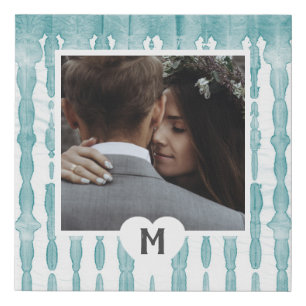 Soft Teal Tie Dye Pattern Photo and Monogram Faux Canvas Print