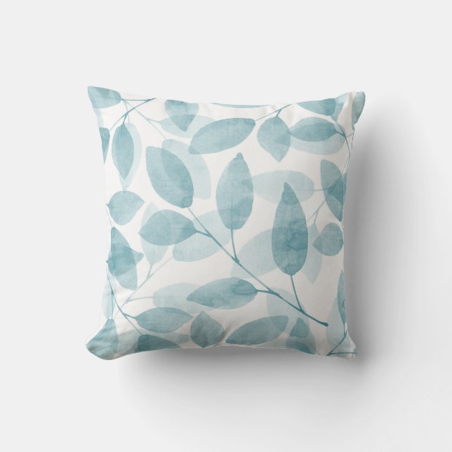 Soft Teal Watercolor Leaves Throw Pillow (Front)