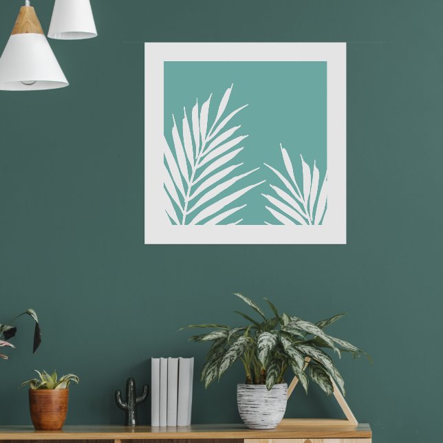 Soft Teal White Palm Leaves  Poster (Living Room 1)