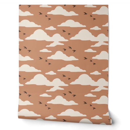 Soft Terracotta and Cream Flying Birds and Clouds Wallpaper