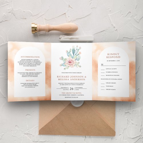 Soft Terracotta Arch Desert Floral Cactus Wedding Tri_Fold Invitation