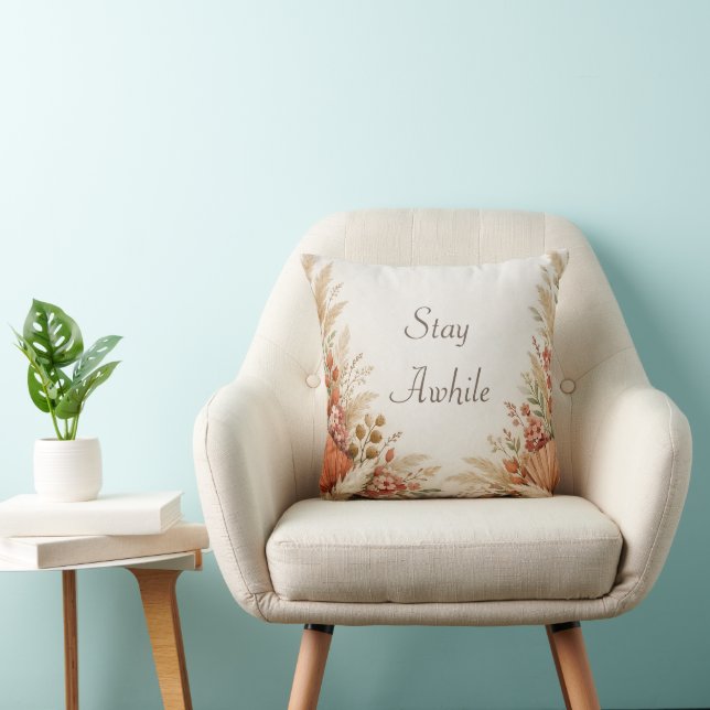 Soft Terracotta Boho Floral Pampas Frame Throw Pillow (Chair)