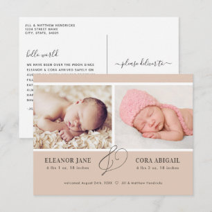 Soft Terracotta Modern Twins Birth Announcement Postcard