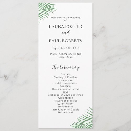 Soft Tropical Palm Leaf Wedding Program
