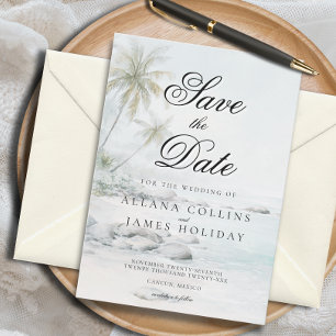 Soft Tropical Palm Watercolor Beach Save the Date Invitation
